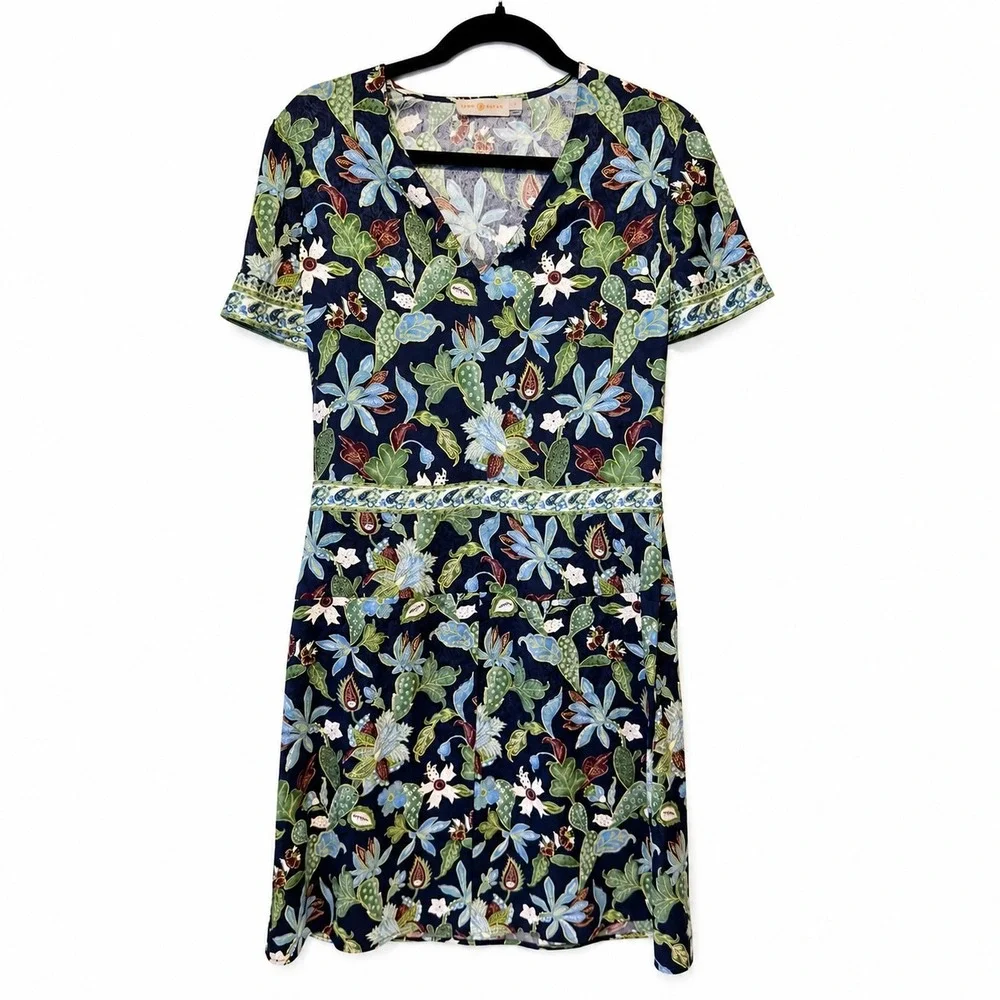 Tory Burch Navy Floral 95% Silk 5% Spandex V-Neck Shift Dress Size 4 52151443
